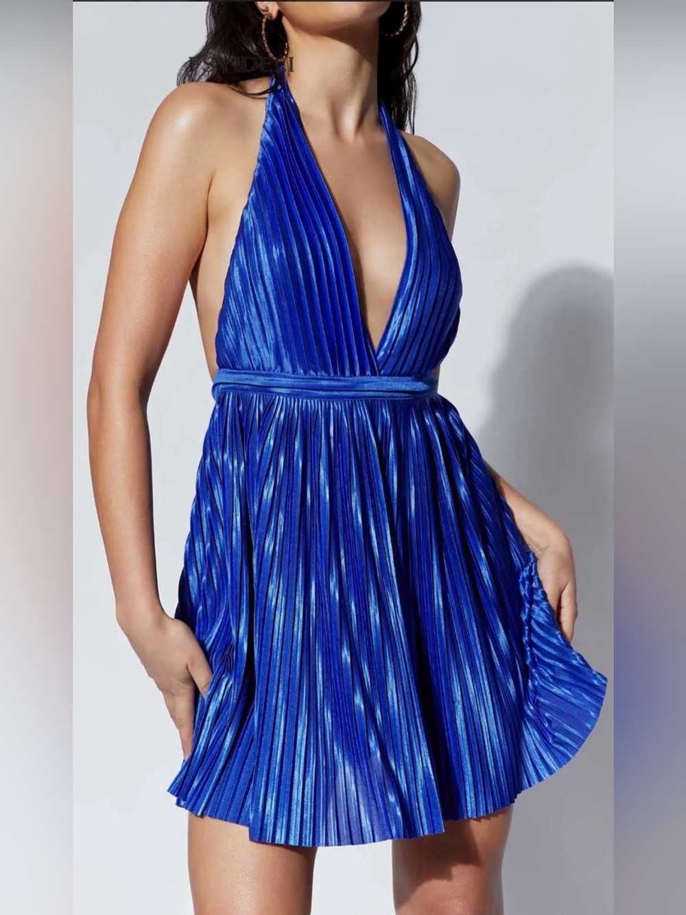 Meshki Electric Blue Pleated Mini Dress